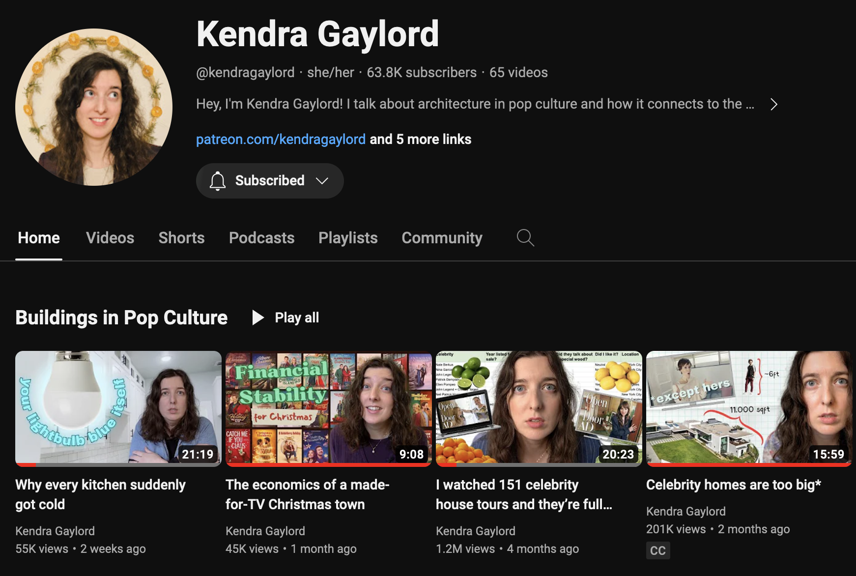 screenshot of kendra gaylord's youtube page