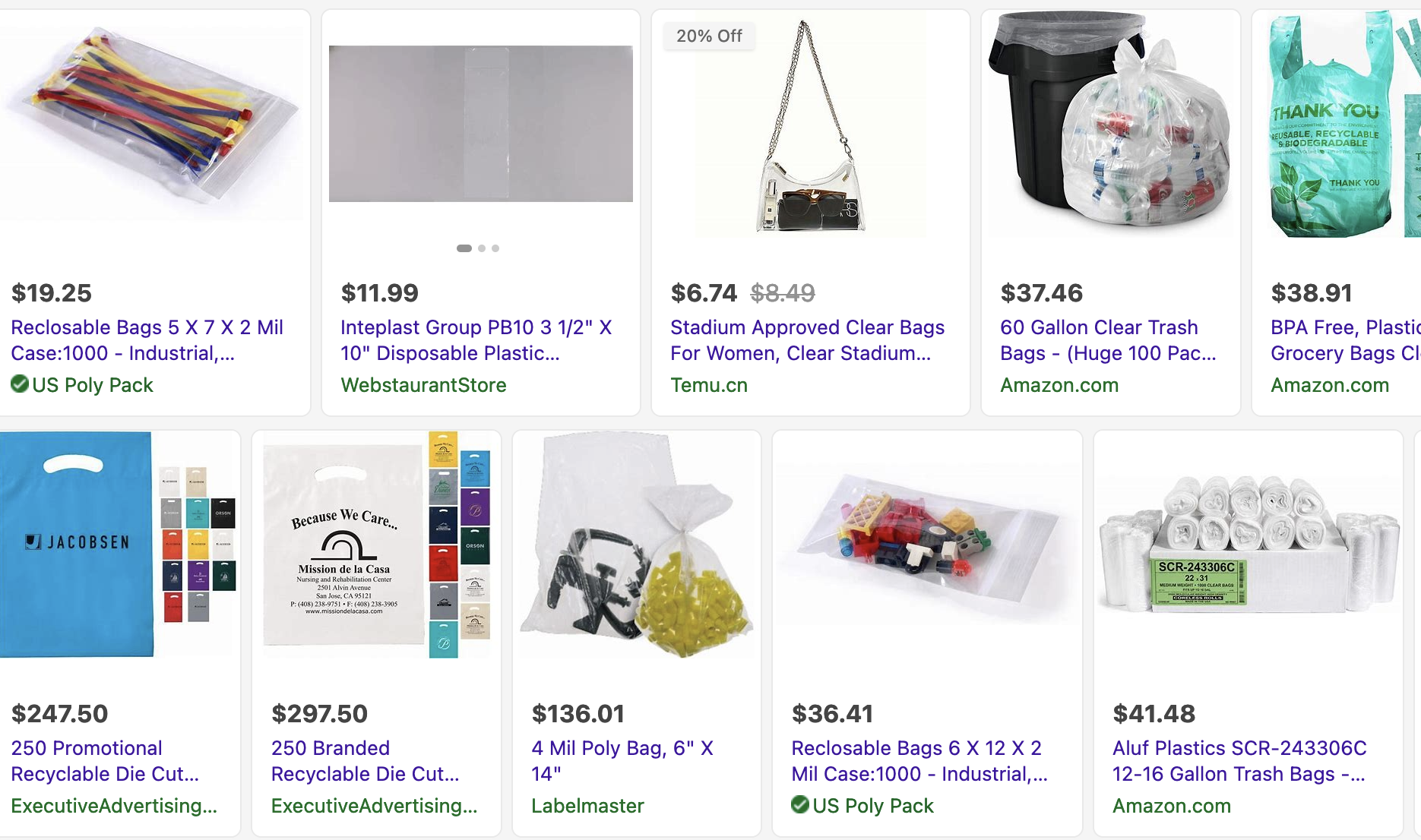 screenshot of plastic bags for sale online