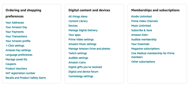 amazon account page options